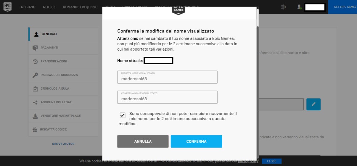 epic games modifica username
